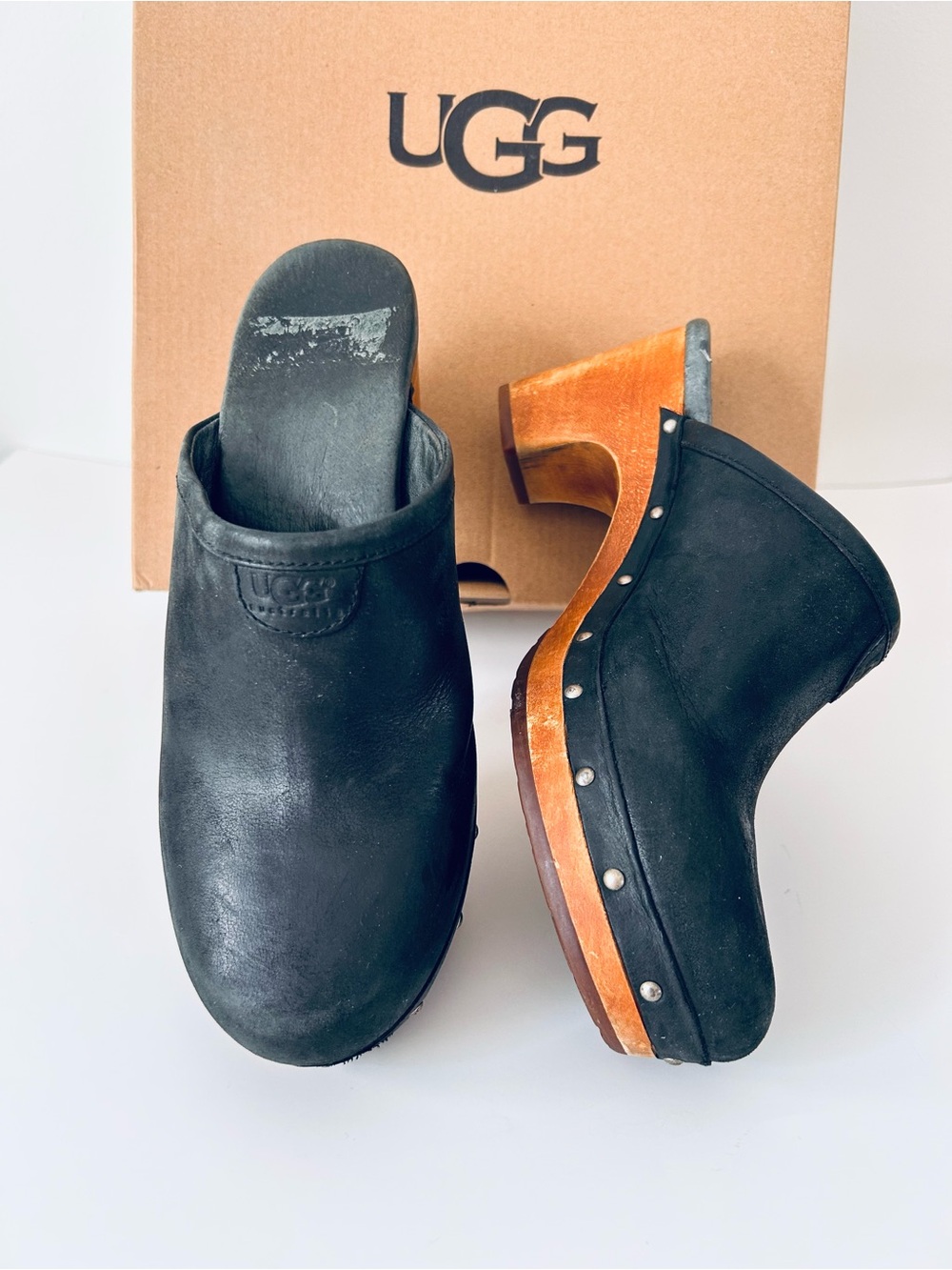UGG Black Leather Studded Clogs with Wood Heel